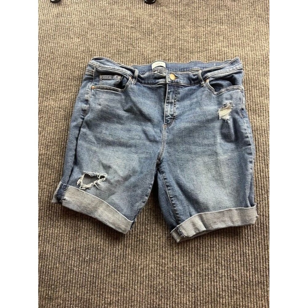 Loft Women Denim Shorts Size 16 Blue Cotton Blend Distressed Cuffed Bermuda Jean - Picture 5 of 7